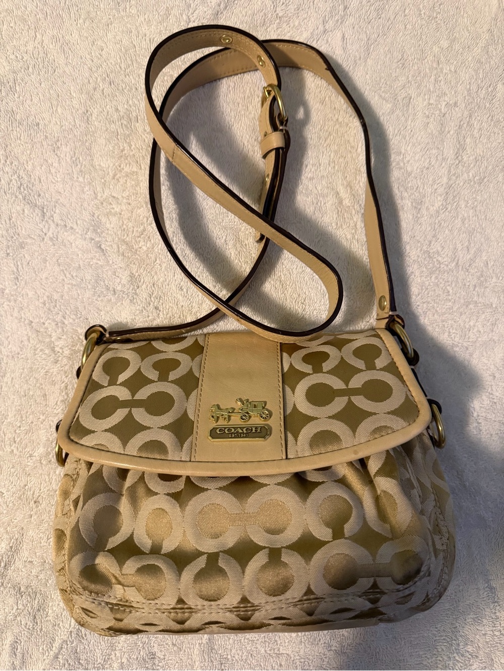 Coach Beige Signature Canvas Flap Crossbody with Gold Hardware